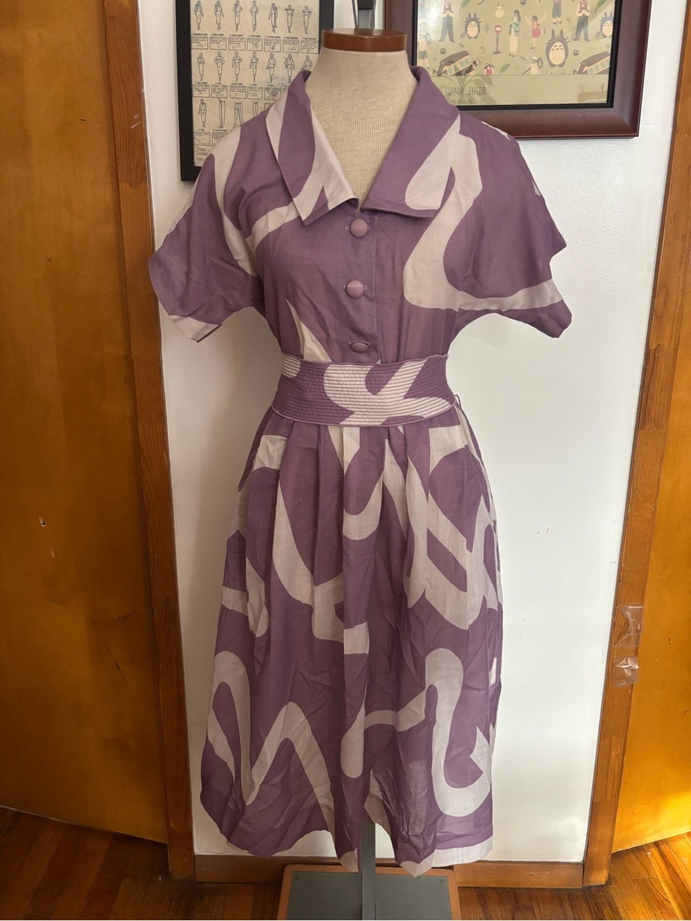 VINTAGE: LESLIE FAY *UNION MADE Geometric Shirt Dress Sz.S/M (LILAC-WHITE)